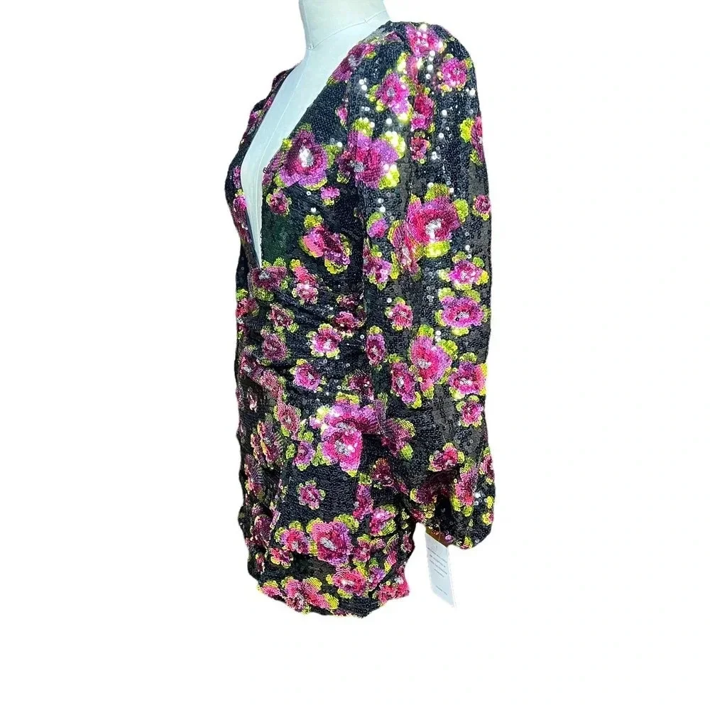 For Love & Lemons Morrison Mini Dahlia Floral Dress Black Sequin Size XS - Picture 6 of 13